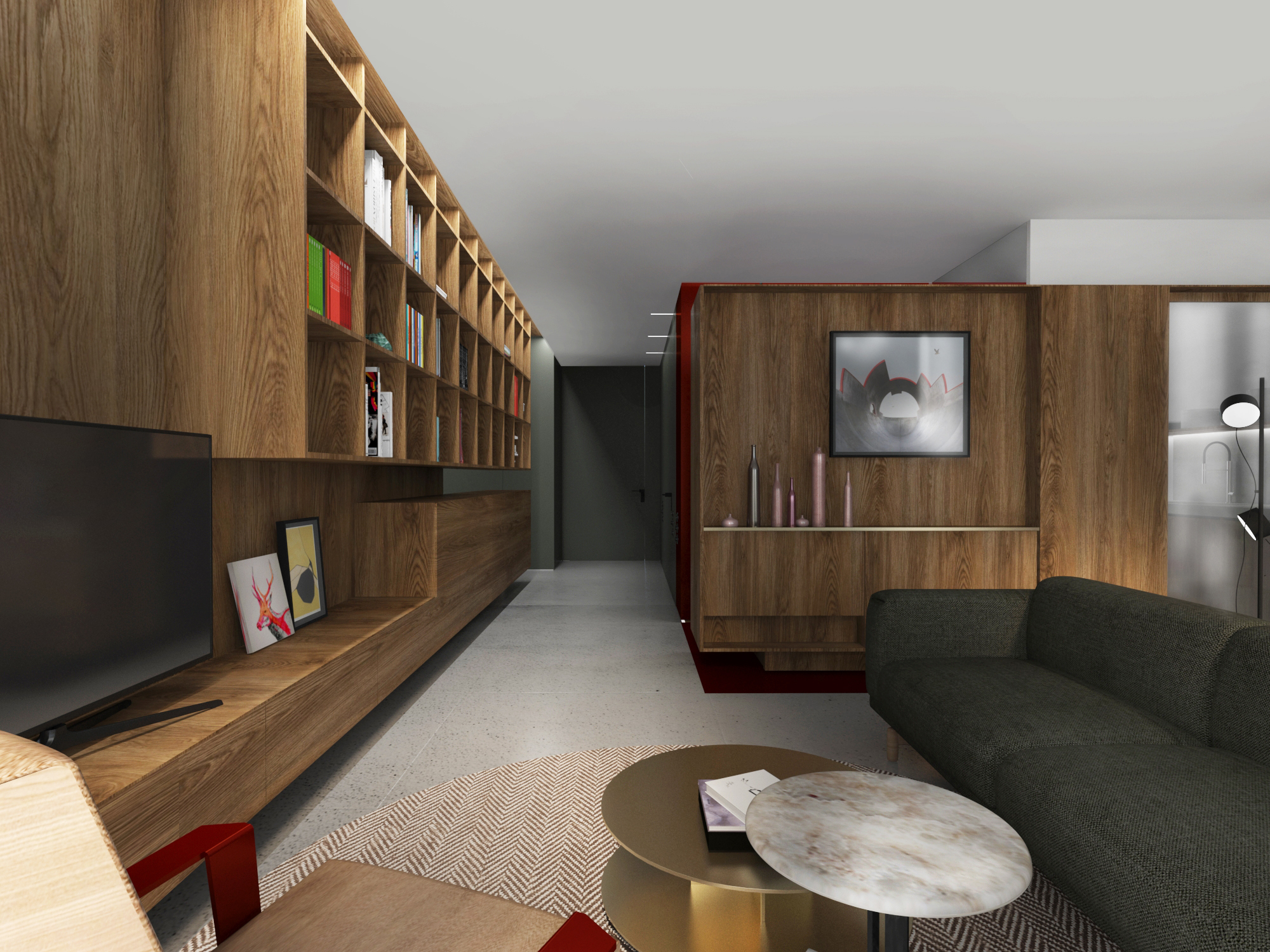 Living room looking back toward the entry, bookshelf wall and slatted walnut volume beyond