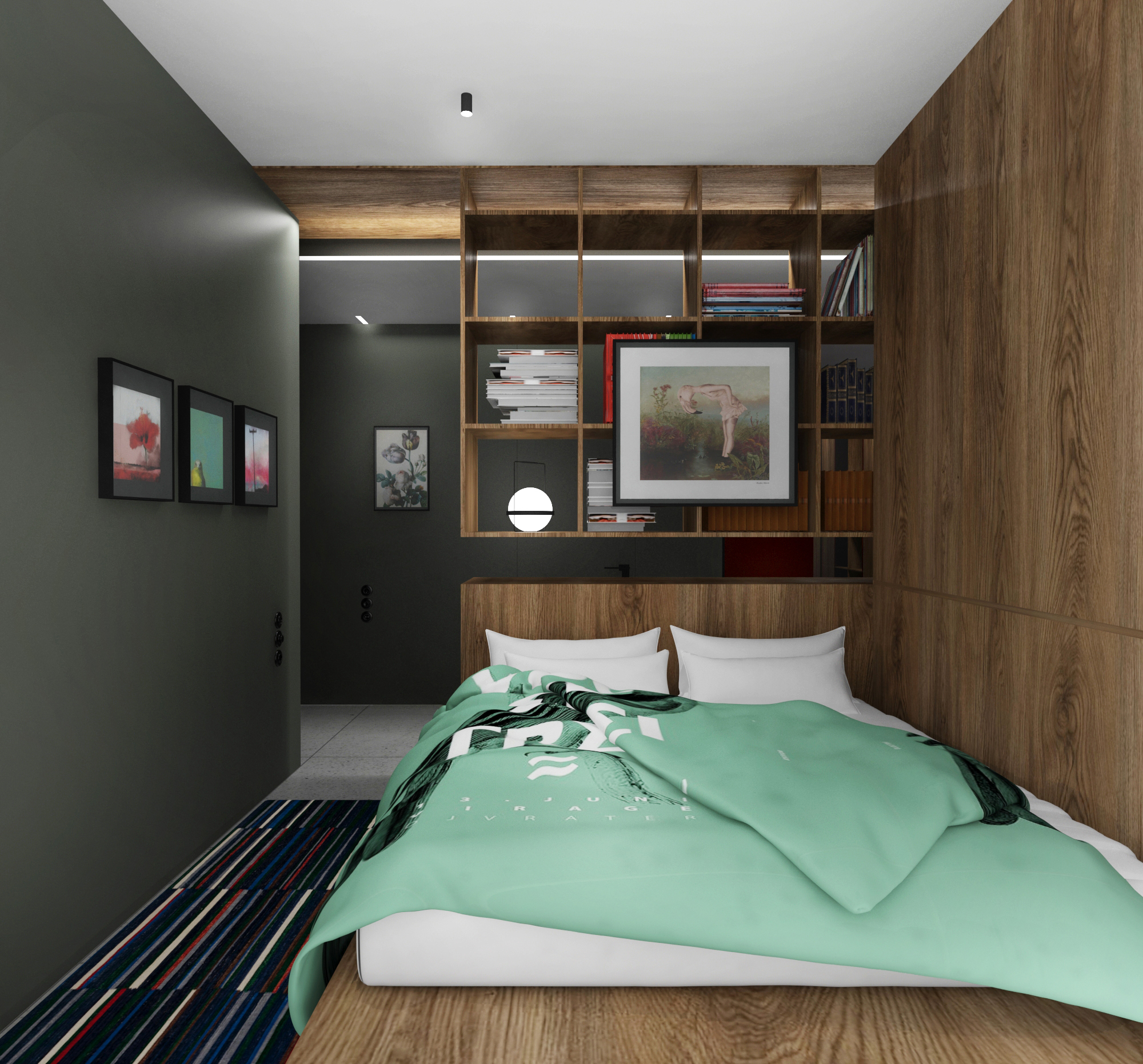 Bedroom with walnut headboard, shelving and dark green wall