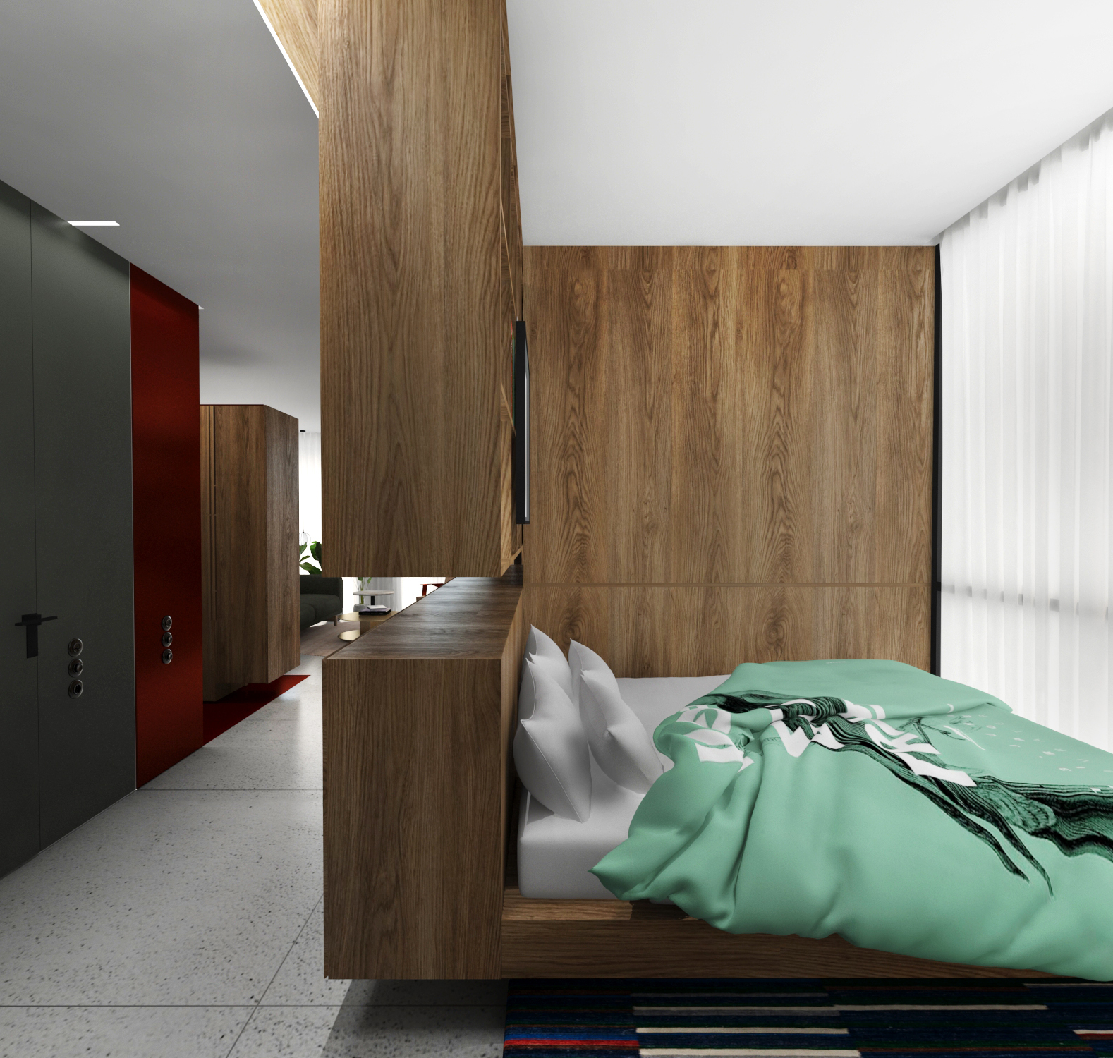 Bedroom seen from the side, walnut joinery wrapping into the corridor
