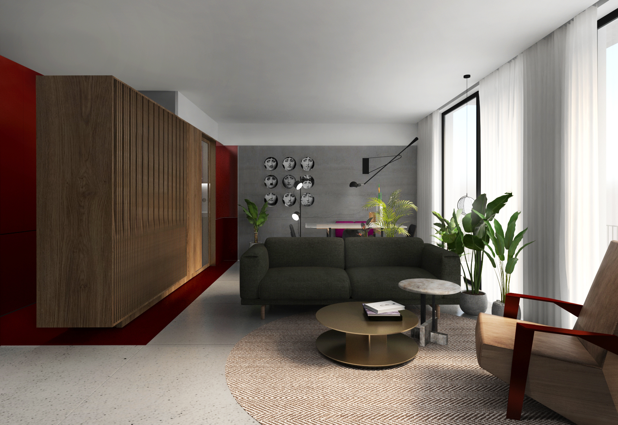 Living room alternate framing, wardrobe volume at left, plates wall at back