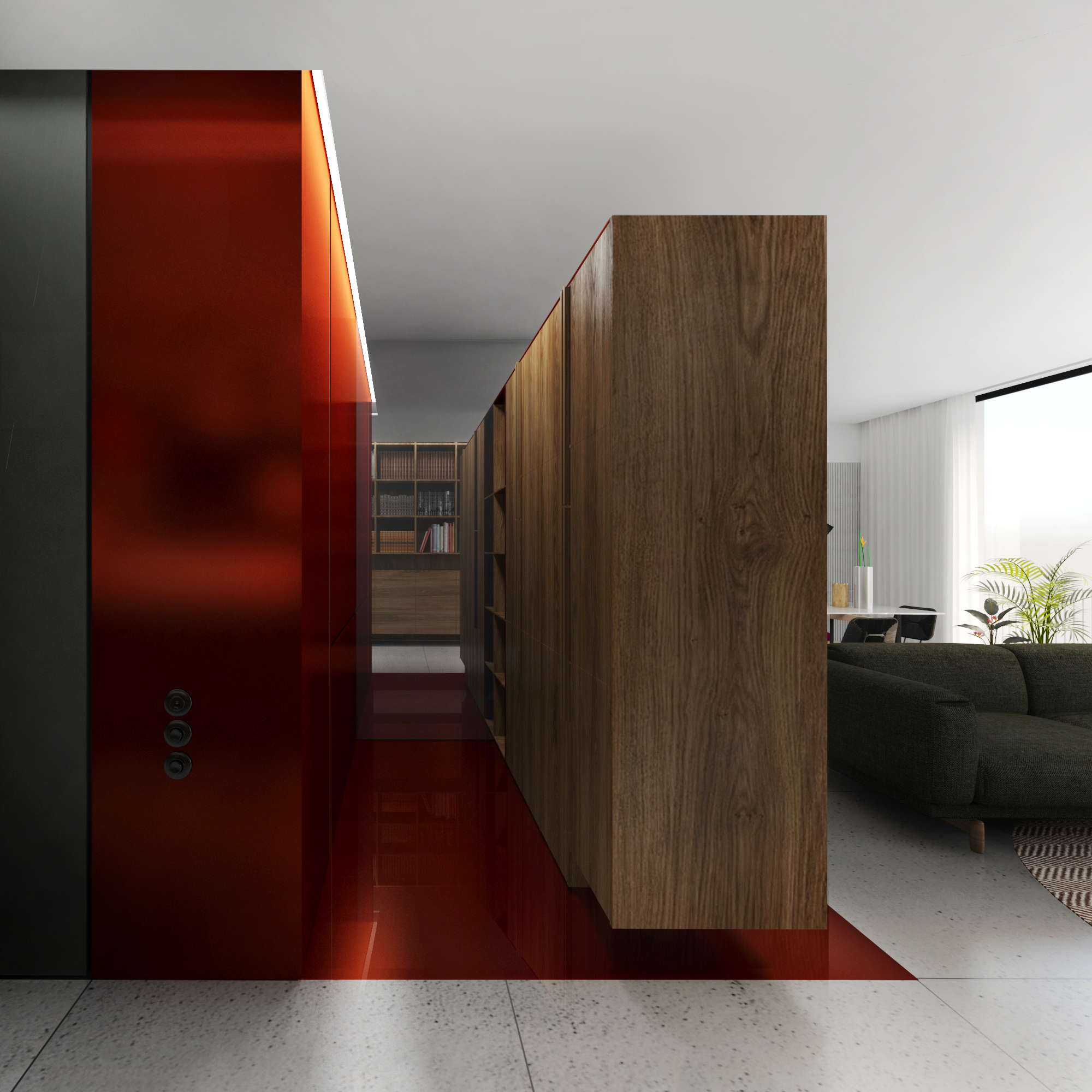 Lacquered red wardrobe volume against walnut cladding, seen from the entry