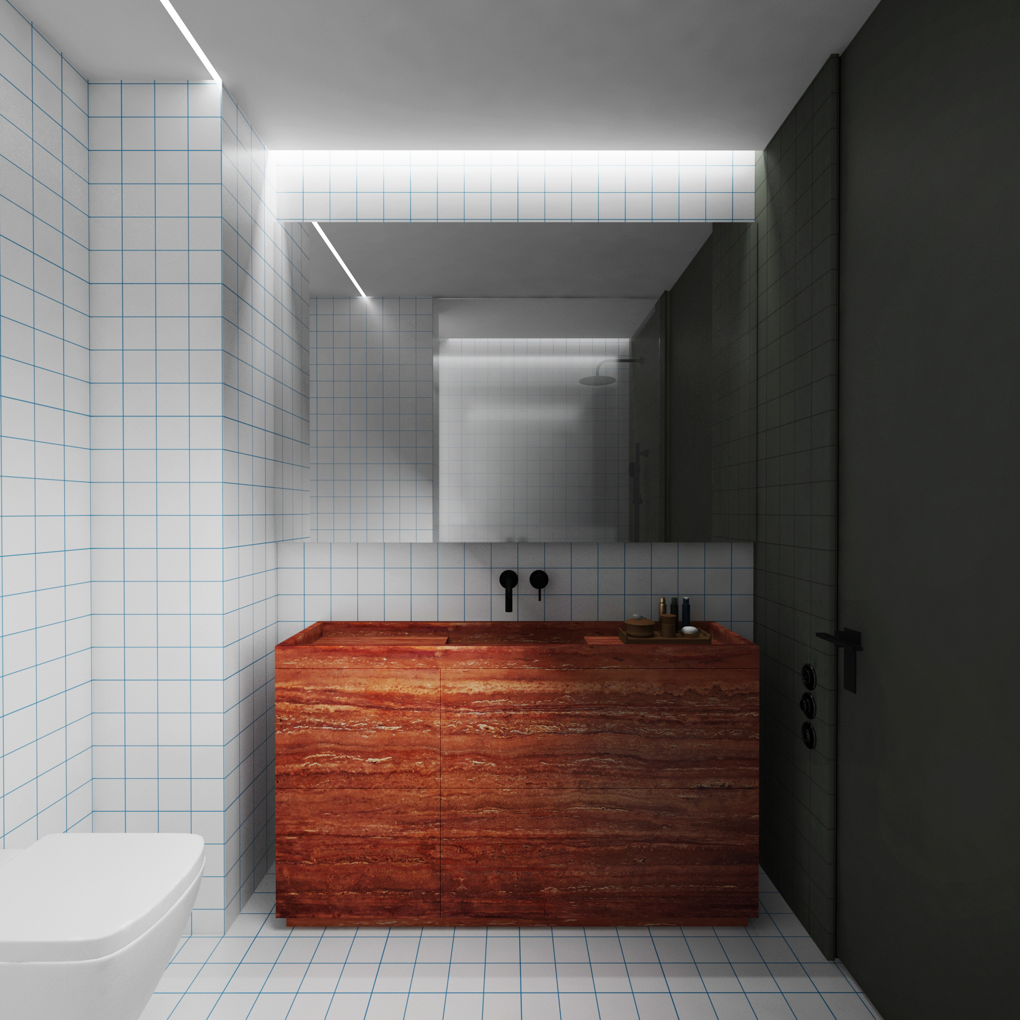 WC with red travertine vanity and a grid of small white tiles with blue grout